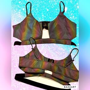 “Won’t let U Out Reflective Underboob clasp top” in dark holographic rainbow